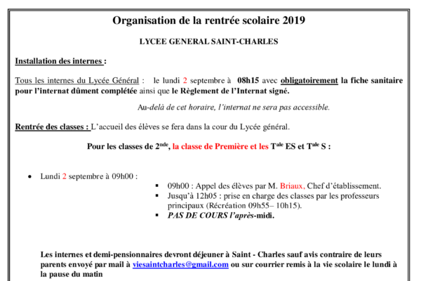 Organisation de la rentrée 2019 pour le Lycée Général