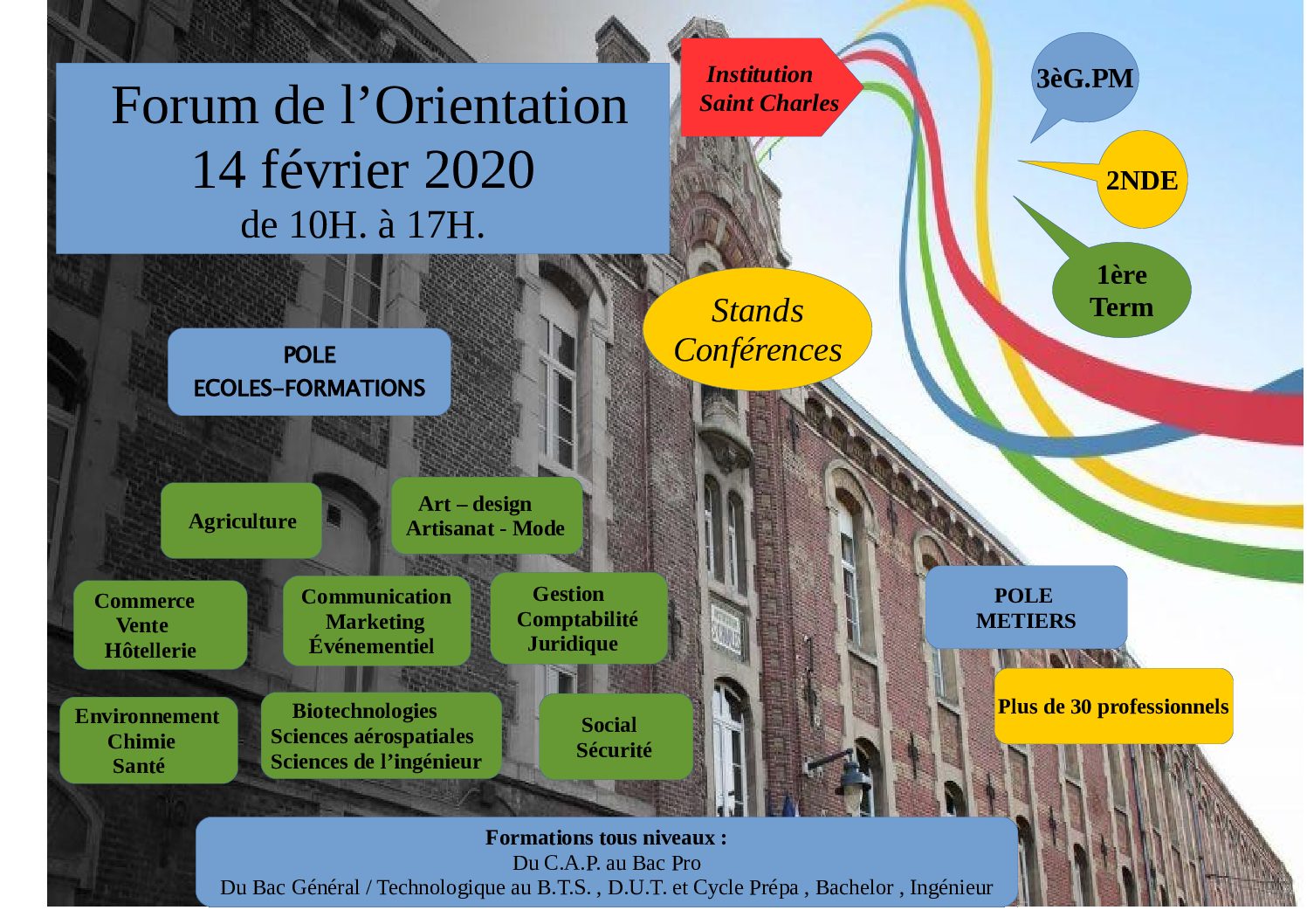 FORUM DE L’ORIENTATION POUR LES ÉLÈVES DE SAINT-CHARLES ET LEURS FAMILLES le Vendredi 14 février 2020 de 10h à 17h
